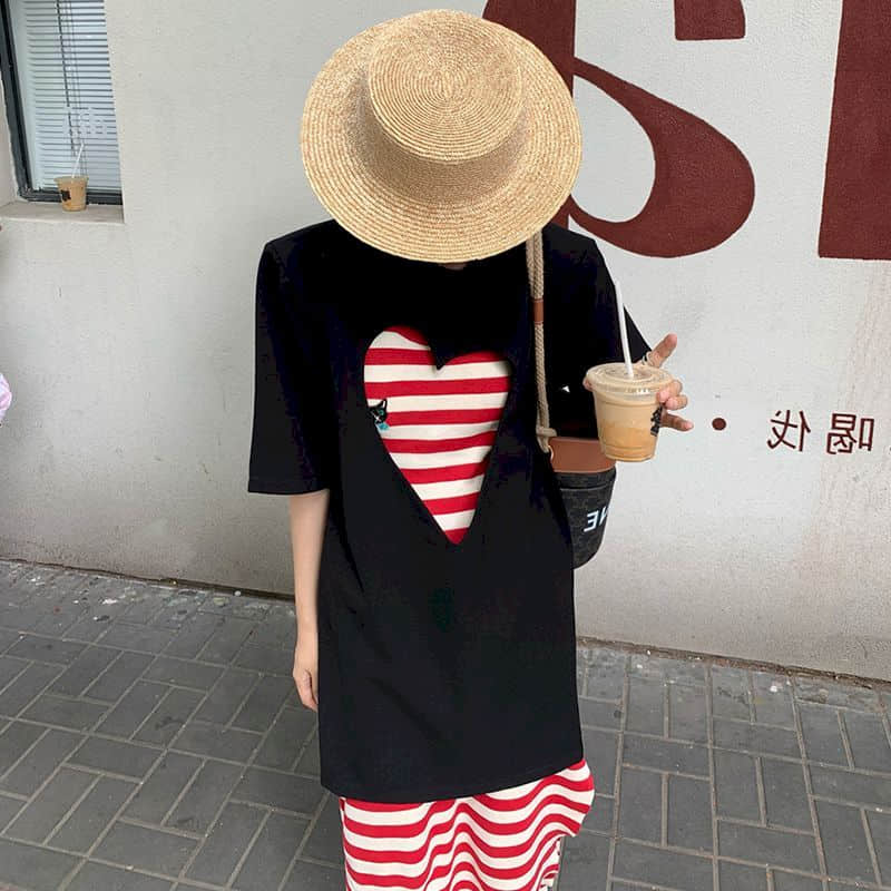Dress Sets High Street Korean Style Half Sleeve O-neck T-shirts and Striped Tank Dress Casual Loose Two Piece Set Women Outfits