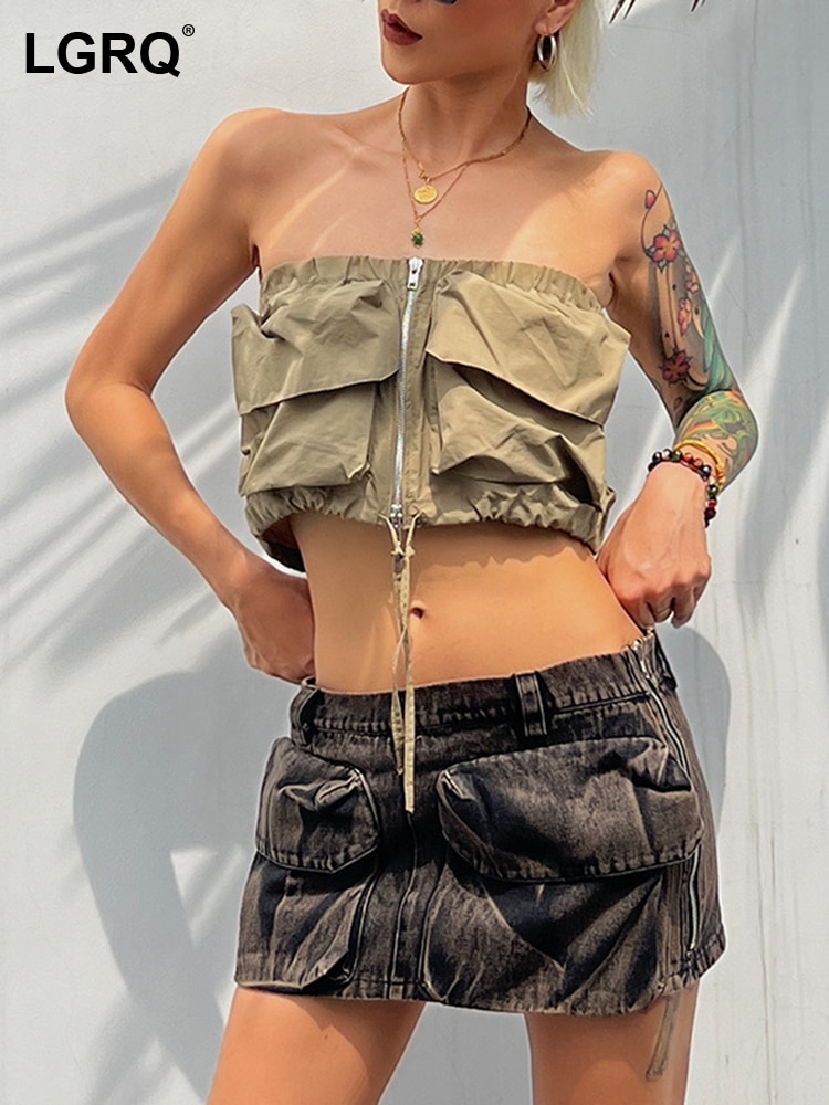 LGRQ Trendy Many Pockets Design Strapless Tube Top Denim Short Skirt Two-piece Sets Fashion High Street Women's Clothes 19F