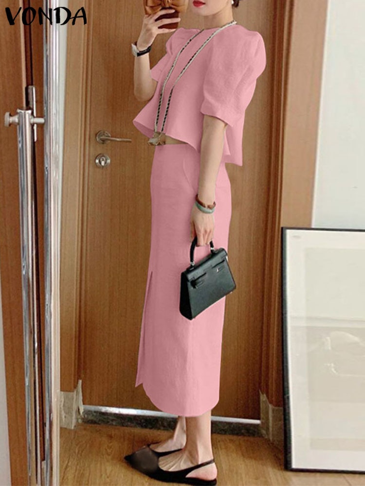 VONDA Summer Dress Sets Fashion 2023 Women Short Sleeve Elegant Office Matching Sets Suits Puff Sleeve Tops + Casual Midi Skirts