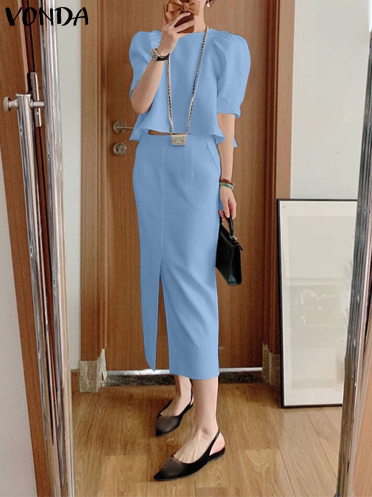 VONDA Summer Elegant Dress Sets 2023 Women Short Sleeve Office Matching Sets Fashion Suits Puff Sleeve Tops + Casual Midi Skirts