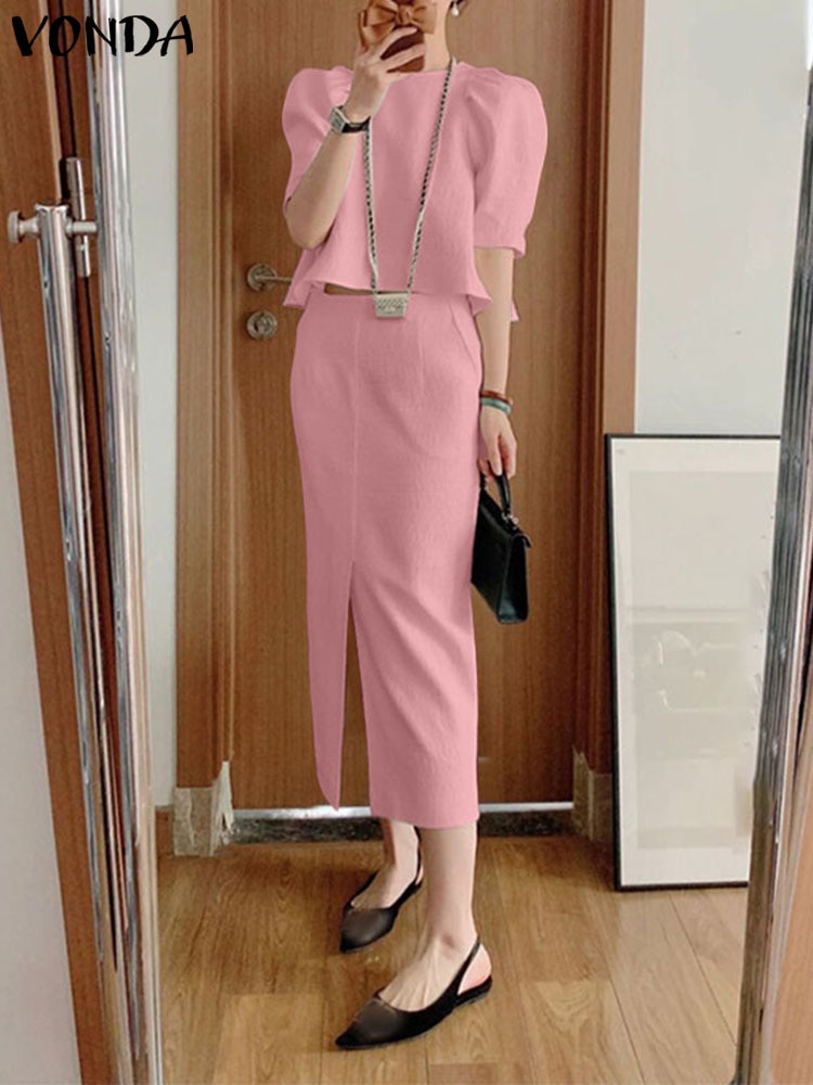 VONDA 2023 Summer Fashion Dress Sets Women Short Sleeve Elegant Office Matching Sets Suits Puff Sleeve Tops + Casual Midi Skirts