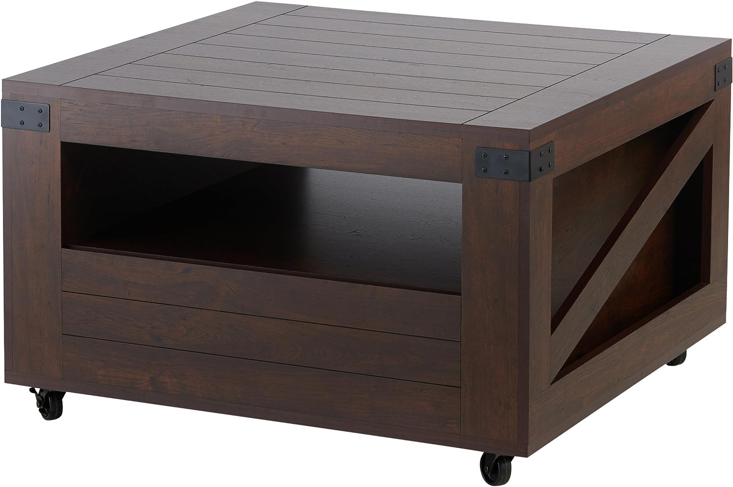Industrial Wood Coffee Table with Caster Wheels, Vintage Walnut