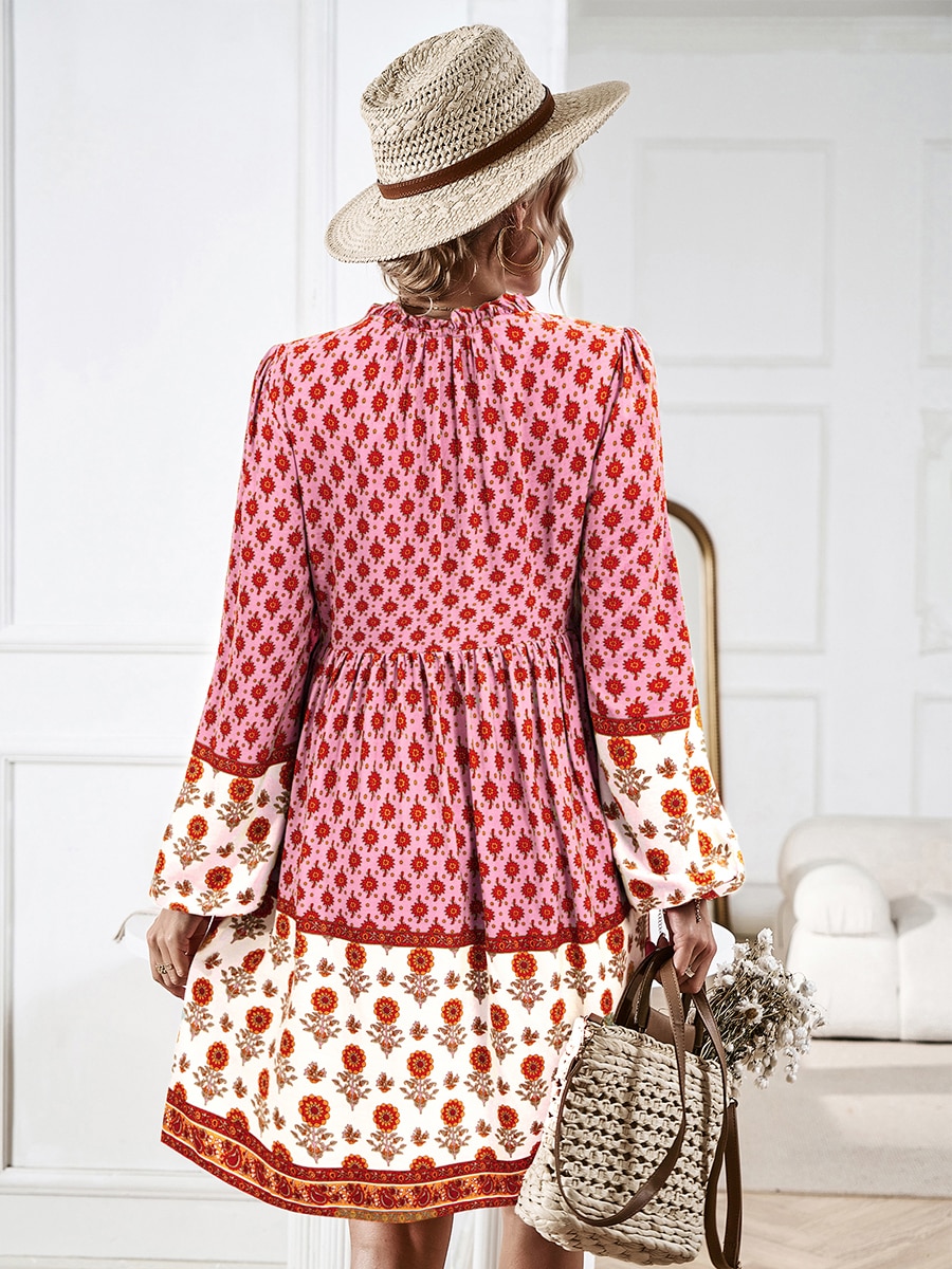 Women s Bohemian Floral Print V Neck Maxi Dress with Lantern Sleeves - Retro Loose Fit Beach Holiday Casual Summer Dress