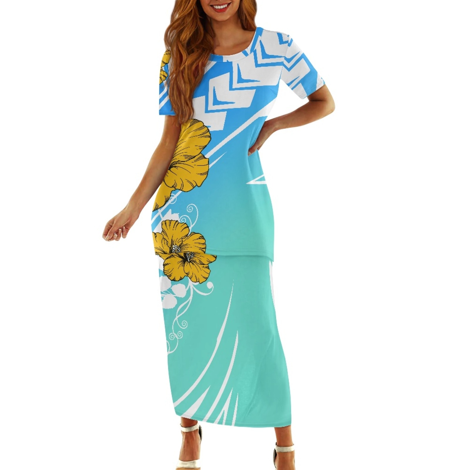 Polynesian Tribal Samoan Totem Tattoo Samoa Prints Tropics Floral Printed Short Sleeve Out Patchwork Round-Neck Streetwear Dress