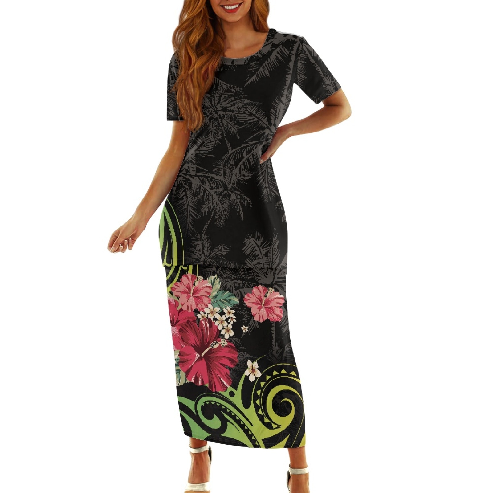 Polynesian Tribal Pohnpei Totem Tattoo Prints New Tropics Floral Printed Short Sleeve Out Patchwork Round-Neck Streetwear Dress