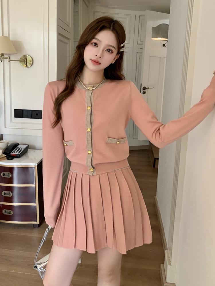Small Fragrance Style Knitted Two Piece Set Womens Outfits Autumn Single-Breasted Sweater Jacket+Pleated Mini Skirt Suits Female