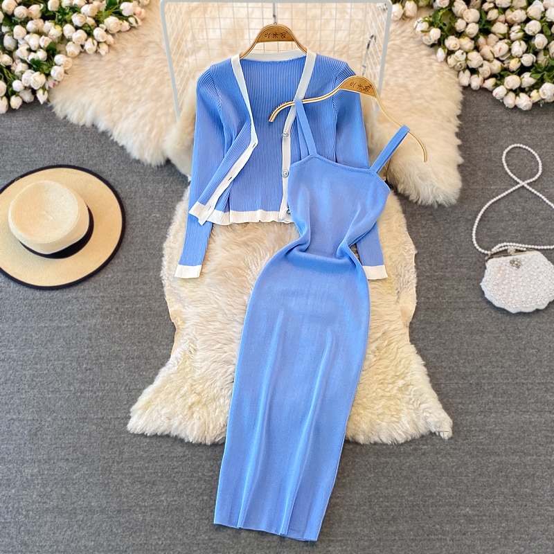 Women Elegant Knit Two Pieces Sets Sweater Long Sleeve Cadigan and Stretch Bodycone Sundress Sets Autumn Winter Pencil Dress