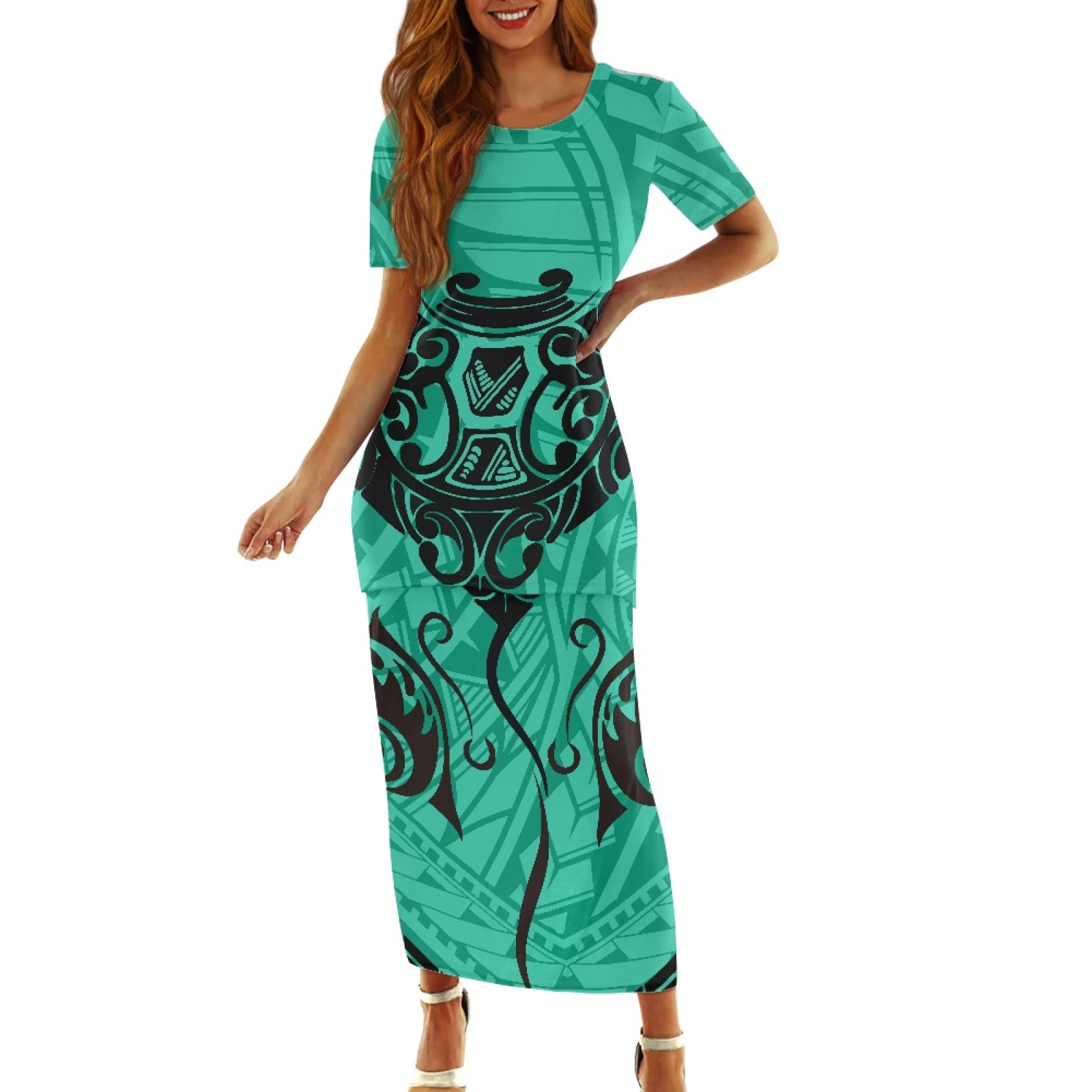 Polynesian Tribal Fijian Totem Tattoo Fiji Prints Dignified Women Office Formal Dresses Round-Neck High Waist Slim Print Dress