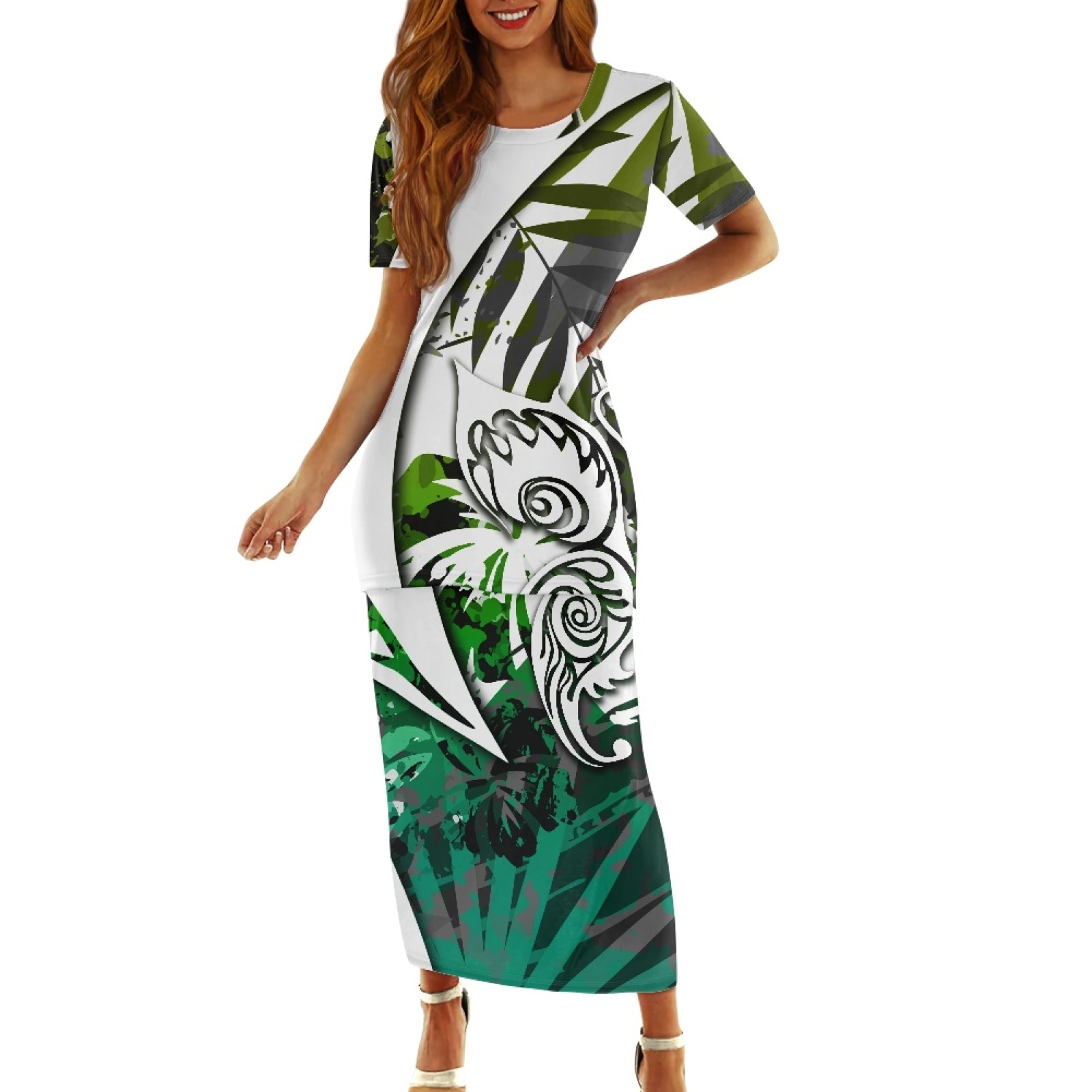 Polynesian Tribal Samoan Totem Tattoo Samoa Prints Dignified Women Office Formal Dresses Round-Neck High Waist Slim Print Dress