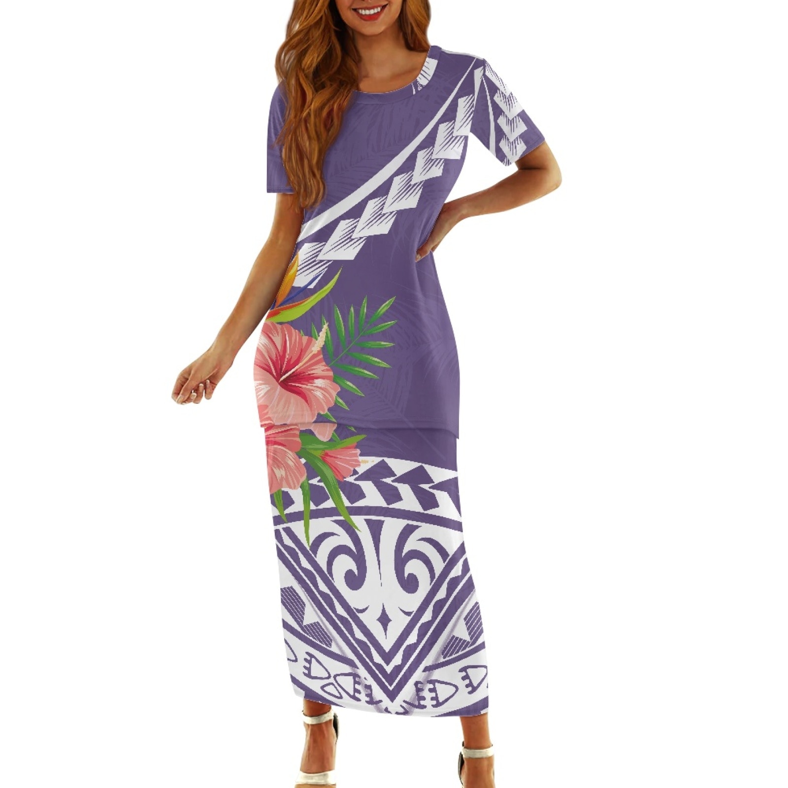 Polynesian Tribal Hawaiian Totem Tattoo Hawaii Prints Dignified Women Office Formal Dresses Round-Neck High Waist Print Dresses