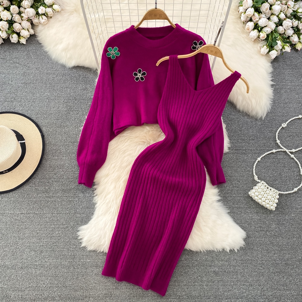 Women Sweet Knit Two Pieces Sets Vintage Floral Sweater Long Sleeve Pullover Elastic Bodycone Sundress Sets Autumn Winter Dress