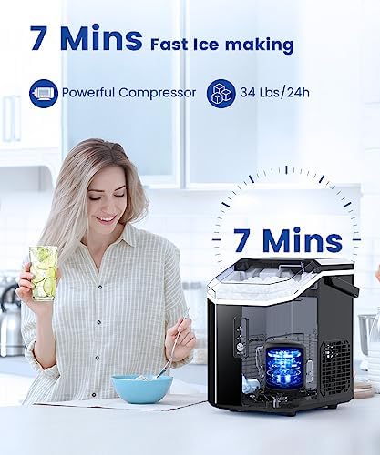 Ice Maker, Nugget Ice Maker Machine, Portable Ice Machine with Self-Cleaning, 34Lbs/Day, Ice Makers Countertop with Handle, Ice