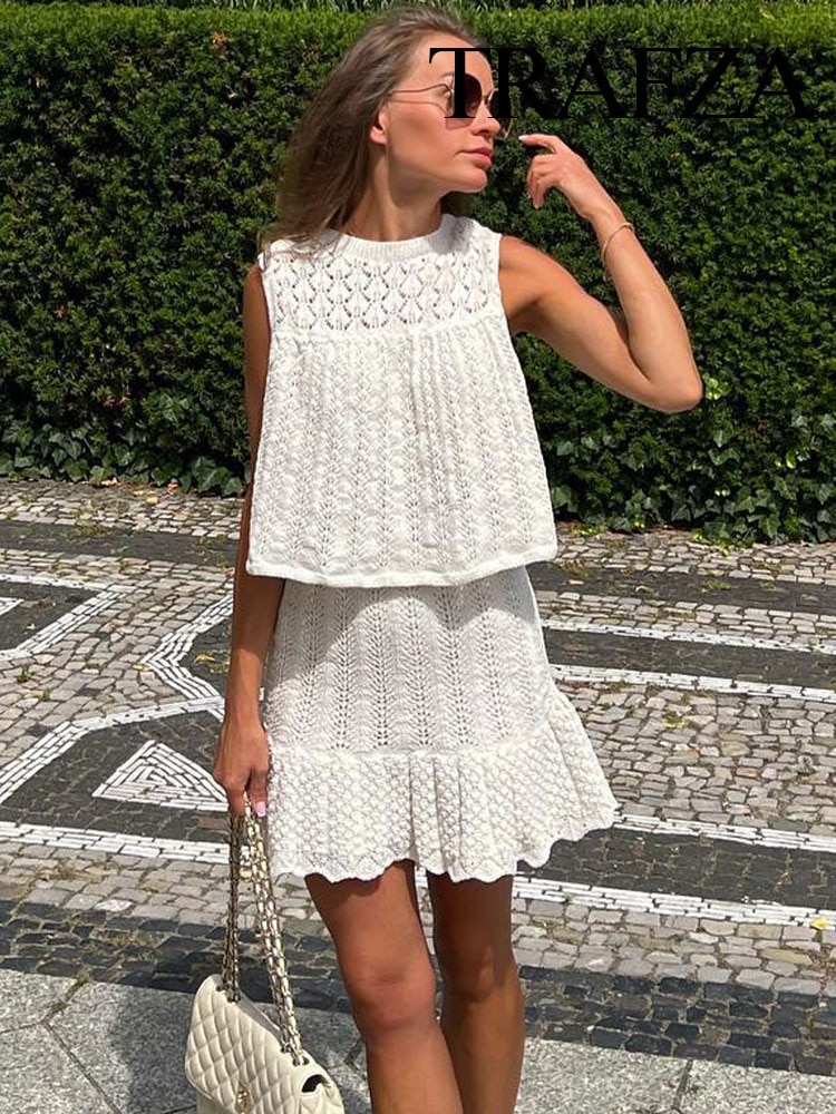 TRAFZA Woman Mesh Jacquard Skirts Sets New Sweet Hollow Out O-neck Sleeve Summer Loose Tops A-Line Drawstring Mini Skirts Set
