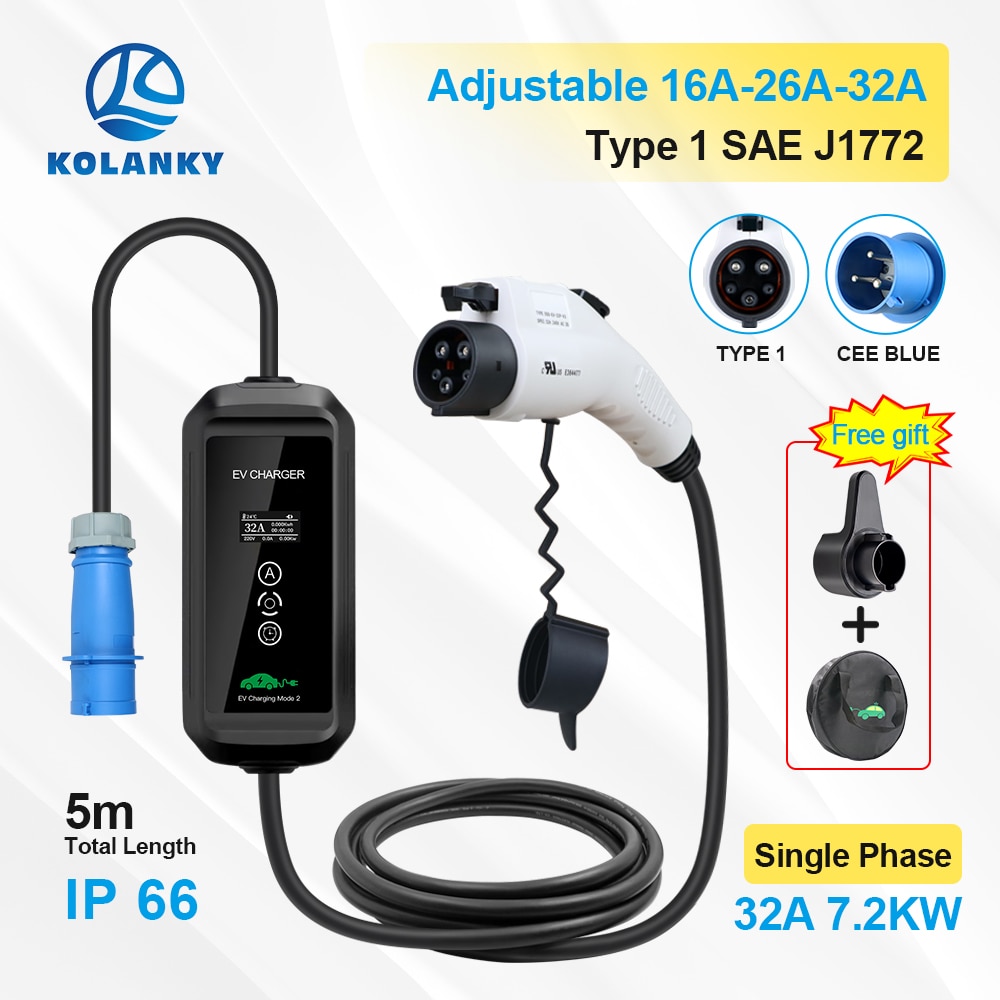 EV Portable Charger 32A 7kw Type 1 SAE J1772 Adjust Current AC Charging For New Energy Eletric Vehicle EVSE With Cable 3.5/5M