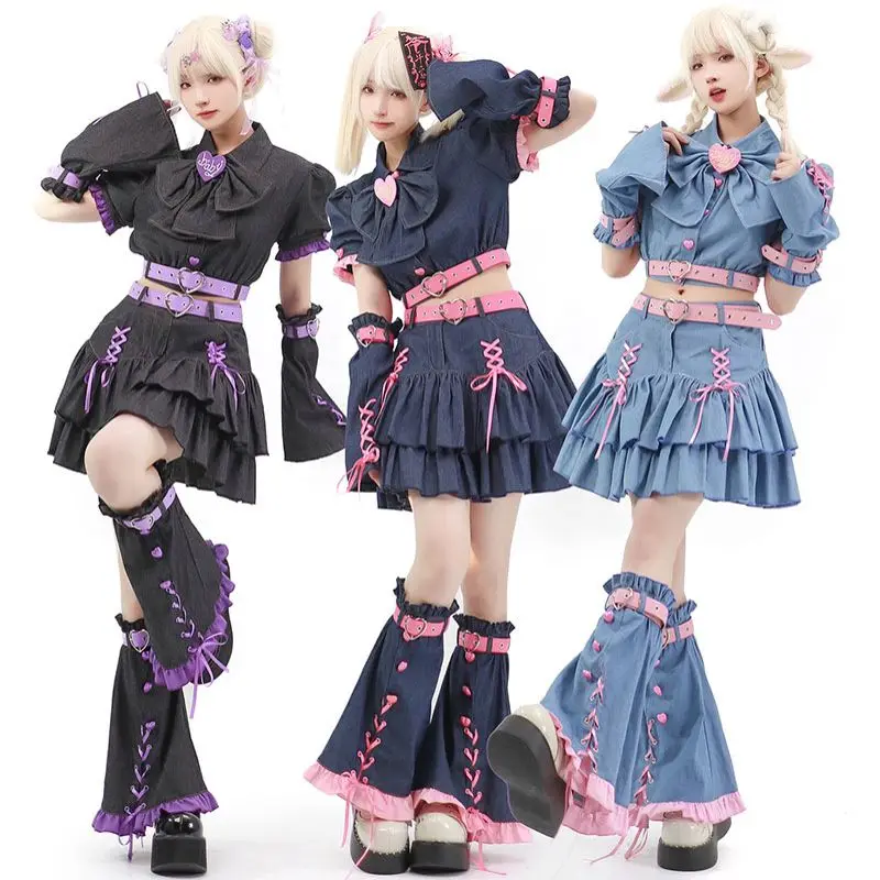 Y2K Set Sweetheart Spicy Girl dress skirt sets Women's 2023 Summer Bubble Sleeve Bowtie Campus Style 2 piece sets womens ou