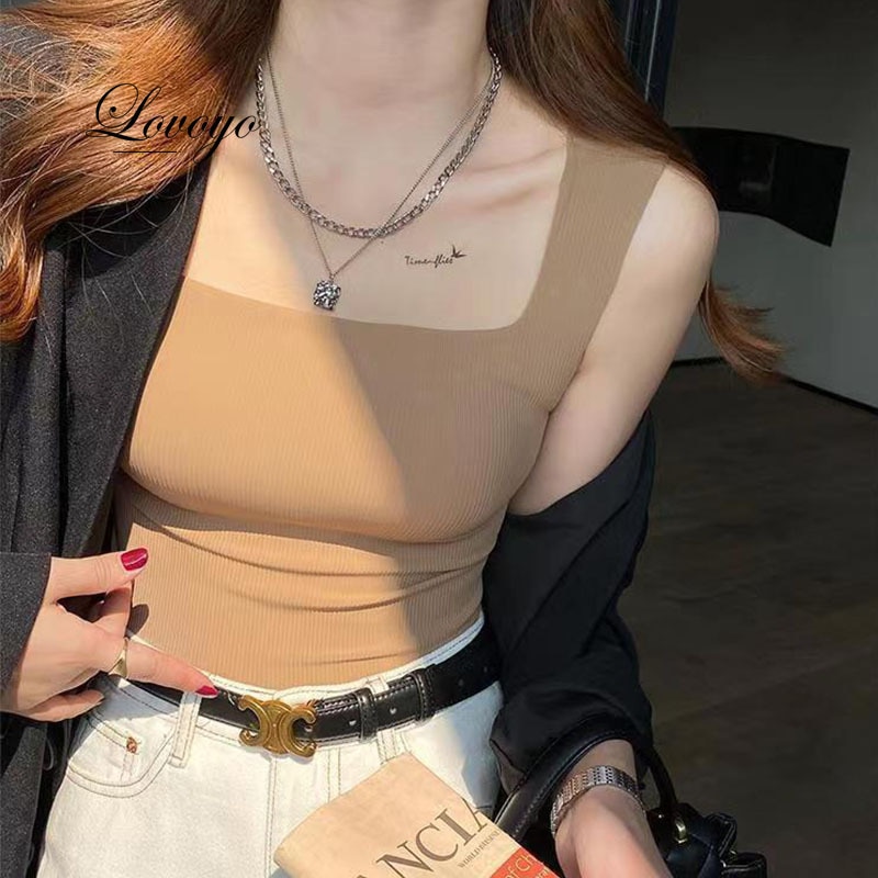 2023 New Wide Shoulder Camisole Square Neck Beautiful Back Threaded Vest Women's Seamless One-piece Fixed Cup Casual Solid 