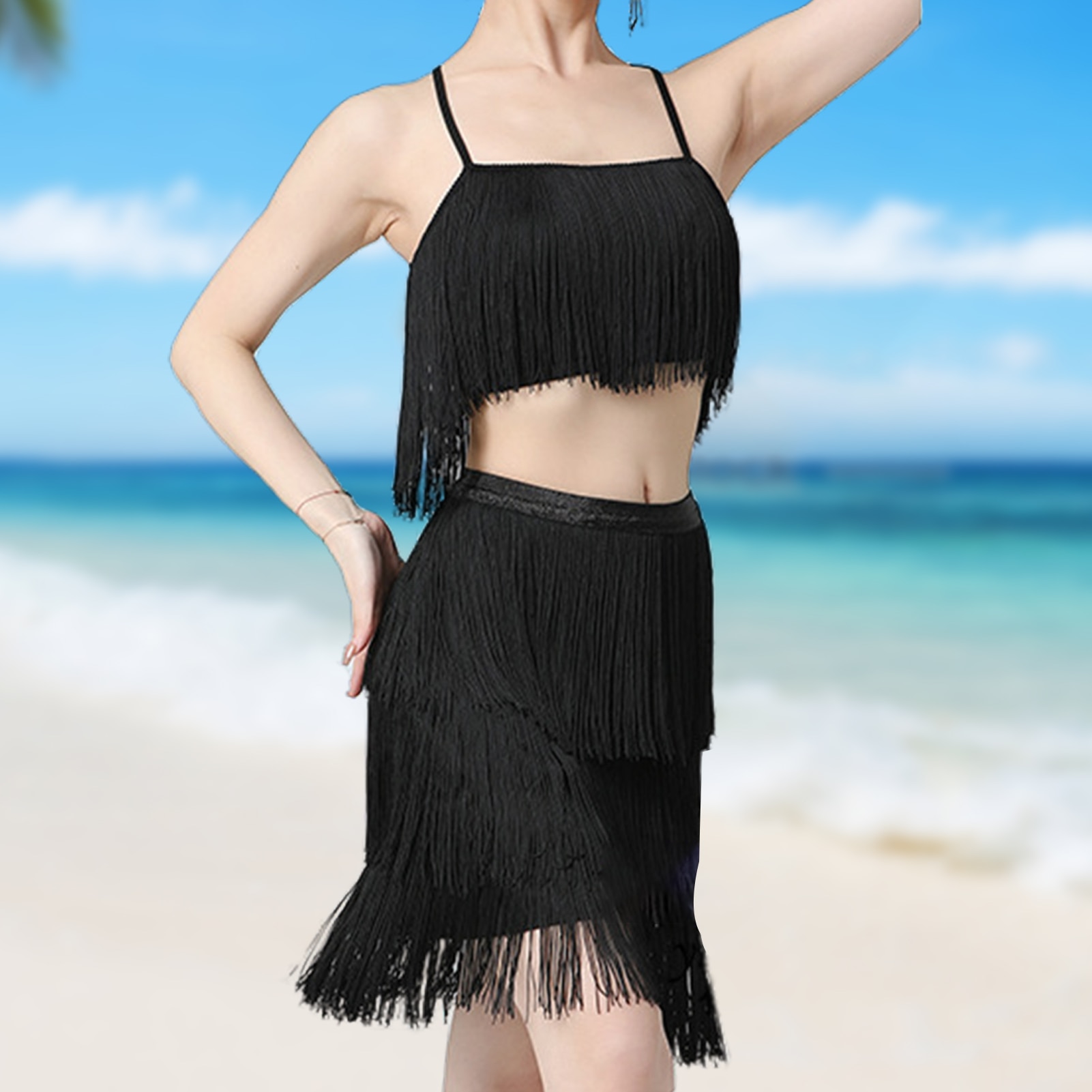 Elegant Temperament Latin Dance Suit Tassels Crop Top Mini Skirts Suits Y2k Solid Color Navel Exposed Sexy Party Clothing