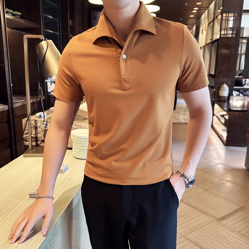 Summer casual polo shirt lapel business fashion Cuban collar short sleeved T-shirt coffee colored fabric three-dimensional 2023