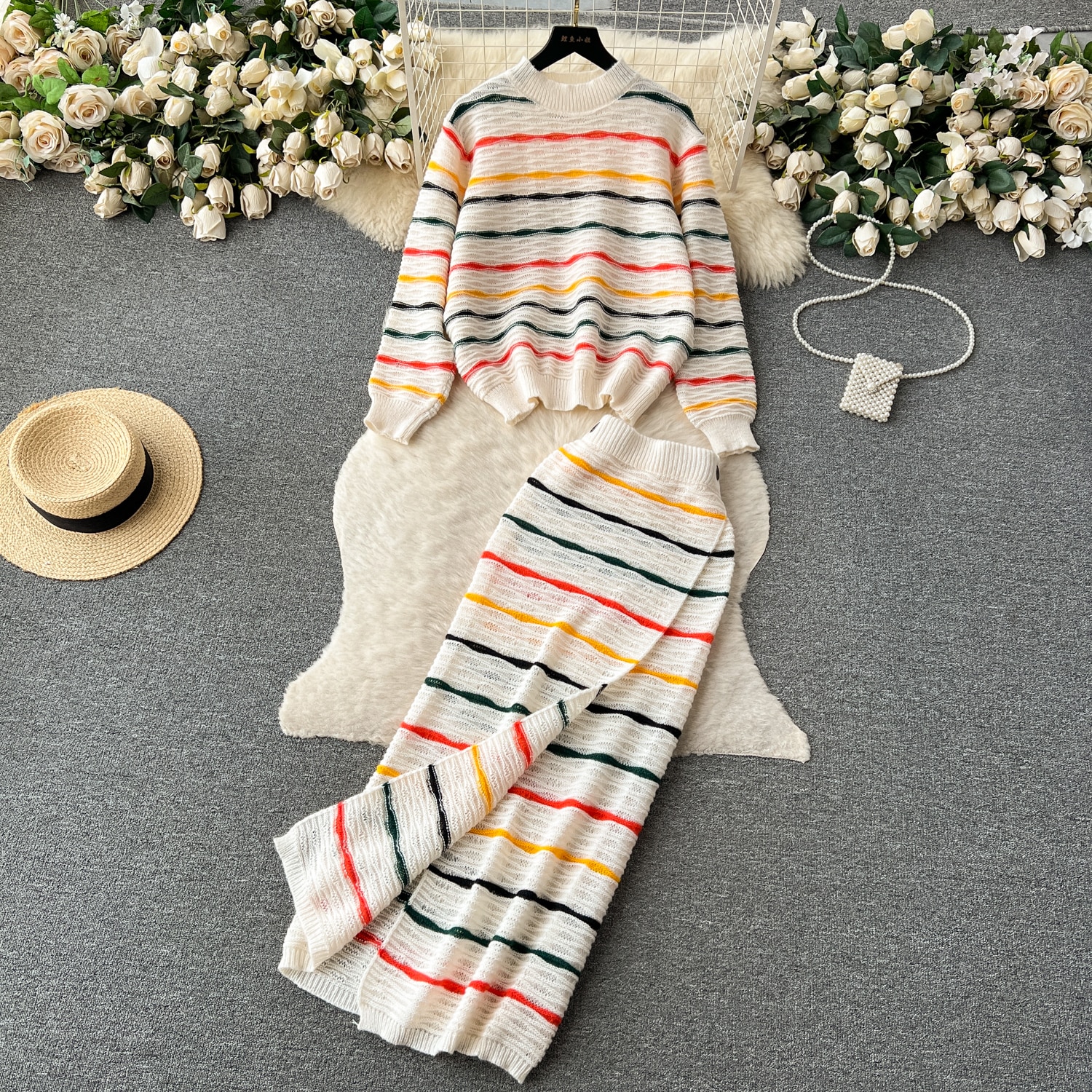 Summer Stripe Knit Two Pieces Skirt Sets Women Long Sleeve O Neck Blouse with High Waist Split Full Skirt