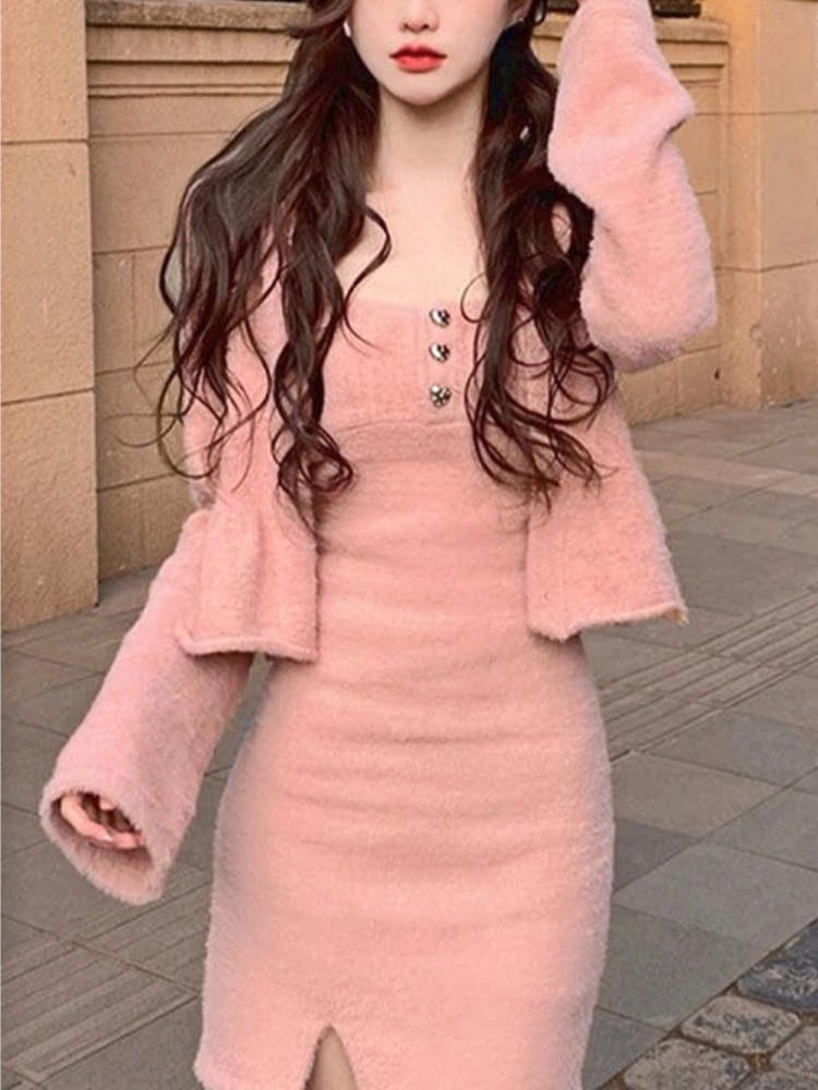 Pink Sweet Knitted Two Piece Set Women Split Sexy Elegant Sweater Dress Set Female Button Designer Casual Dress Suit 2023 Autumn