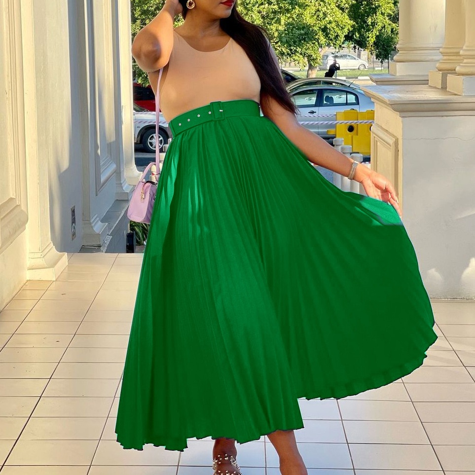 Plus Size Women Skirt 3XL Plus Draped Long Plus Skirt High Waist Design Purple Candy Color Skirts with Belt Female Bottoms