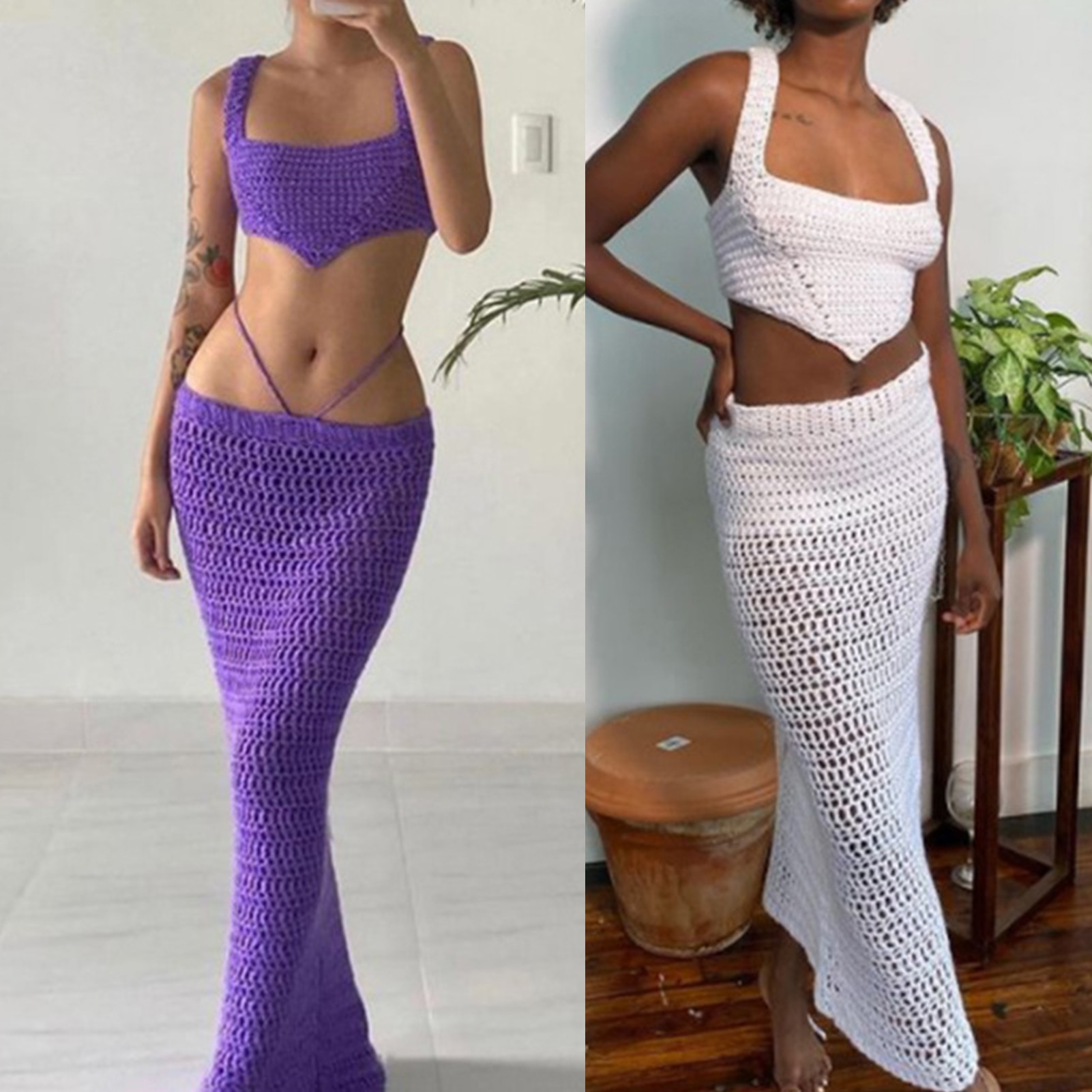 Elegant Temperament Knitted Long Skirts Sets Y2k Hollow Out Lace Up Crop Top Long Skirt Two Piece Set Sexy Casual Matching Sets