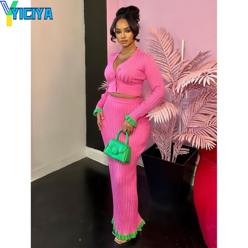 YICIYA skirt sets Knitted two piece sets for women Crop knit Sweaters long sleeve tops elegant women's sets vintage y2k clo