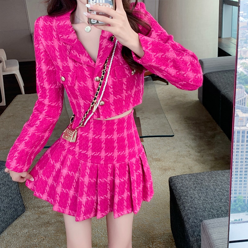 Ladies Rose Plaid Tweed Short Cropped Jacket Two Piece Set Autumn Women Notched Collar Coat +High Waist Pleated Mini Skirt Suit