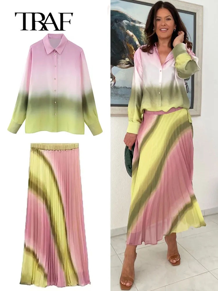 TRAF Women Printed Skirt Set Long Sleeve Shirt Lapel Tie-Dye Blouse Tops + High Waist Pleated Skirts Woman Streetwear Sets