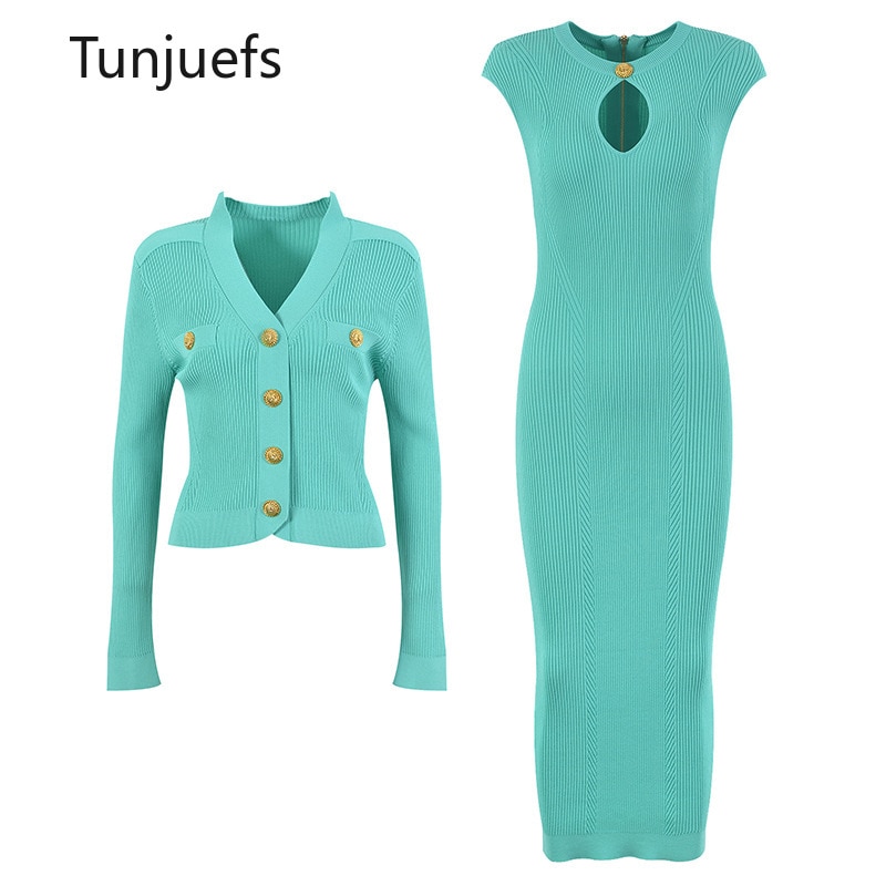 high street 2 pieces sets women outfits new in match dress suits sweater cardigan bandage dress y2k korea 2023 autumn winter new