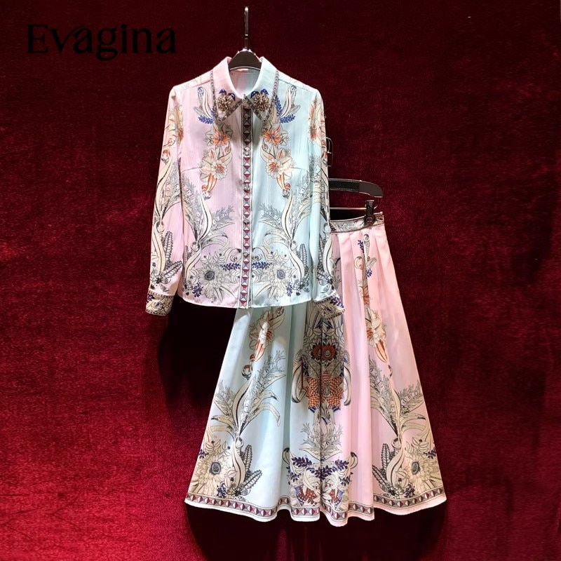 Evagina Nail Bead Fashion Print Suit Spring Autumn Women's Peter Pan Collar Shirt＋Half Length Skirt Holiday Two Piece Set