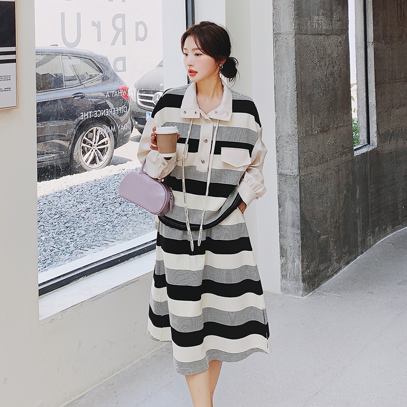 POLO Collar Striped Casual Hoodie and Skirt Two Piece Set 2023 Autumn Women Elegant Trendy Loose Korean Style Suits Female 2276