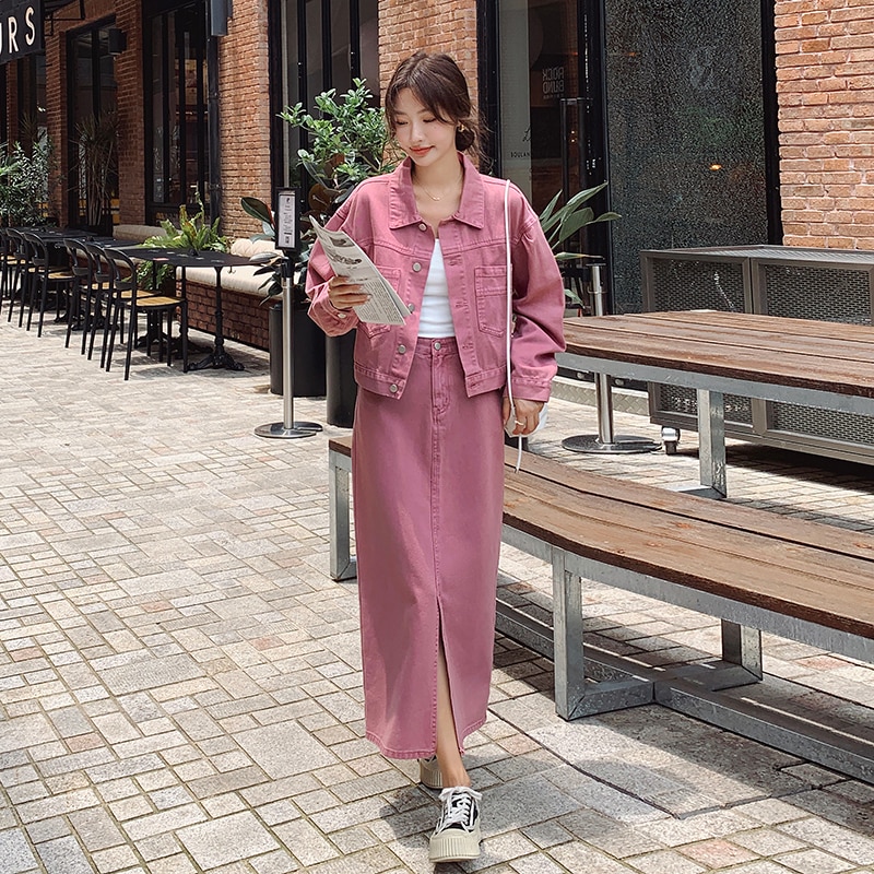 Fashion Pink Denim Two-piece Set 2023 Autumn Women Streetwear Trend Loose Short Jacket Coat High Waist Straight Skirt Suits 8926