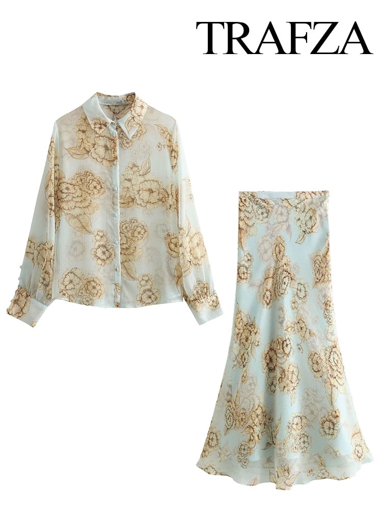 TRAFZA Turn-Down Collar Long Sleeve Single Breasted Shirts+Tulle And Lining Double Layer A-Line Zipper Summer Women Print Suits