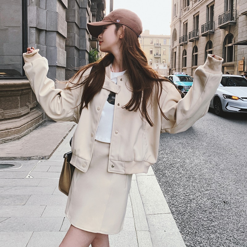 Baseball Coat and Skirt Two Piece Sets 2023 Autumn New Women Streetwear Trendy Loose Casual Bomber Jacket Mini Skirts Suits 1006