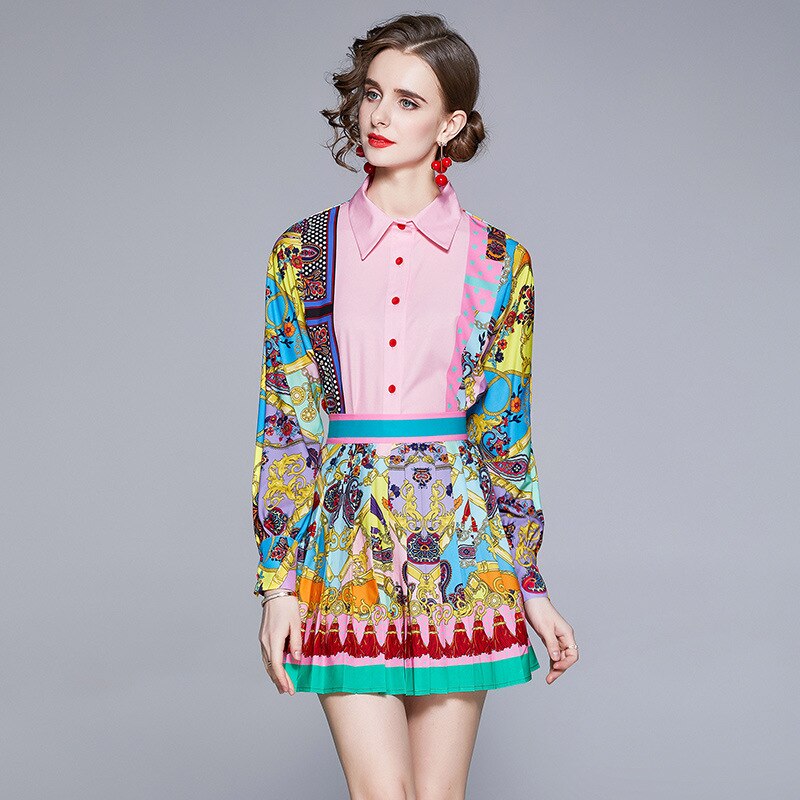 Fashion Print Shirt Skirts Sets Women Lantern Sleeve Shirts Mini Pleated Skirt Ladies Suit 2023 Summer Elegant Female Slim Set