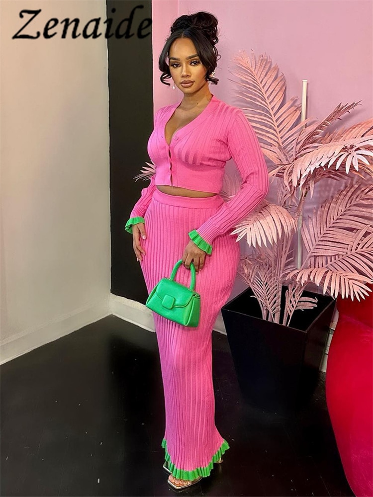 Zenaide Autumn Winter Cardigans Tops And Maxi Bodycon Skirt 2 Piece Dress Set Ruffles Women Pink Party Sexy Co ord Clothing