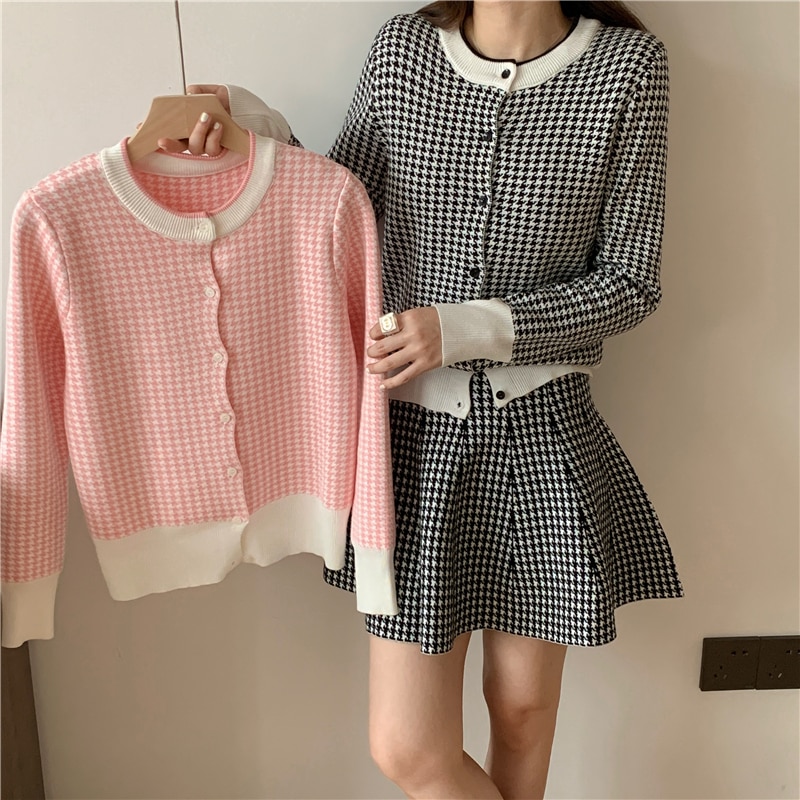 2023 Chic Autumn Houndstooth Knitted Two Piece Set Sweet Women O Neck Pink Single Breasted Cardigan + Mini Ball Gown Skirt Suit