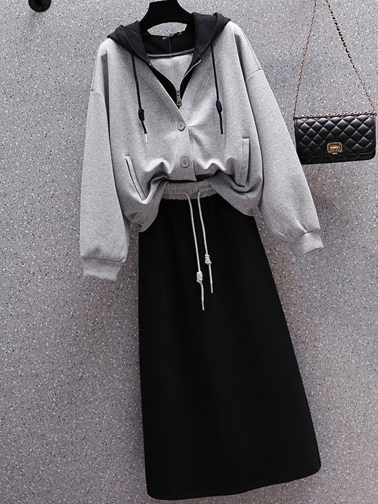 Plus Size Sweatshirts Two Piece Set Autumn Winter Women Tracksuits 2023 Fake Two Piece Hooded Tops And Skirt Sets 4XL Sportswear