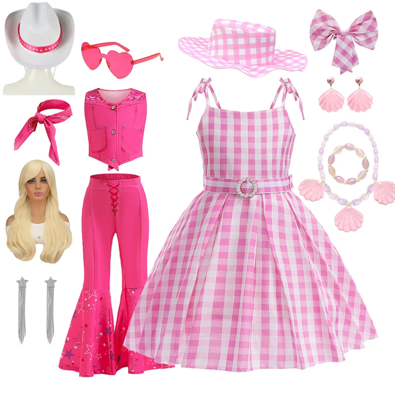 Movie Barbi Halloween Girls Cosplay Costume Party Bow Sleeveless Vintage Pink Plaid Dress Rose Street Punk Clothing Set 2-10Y