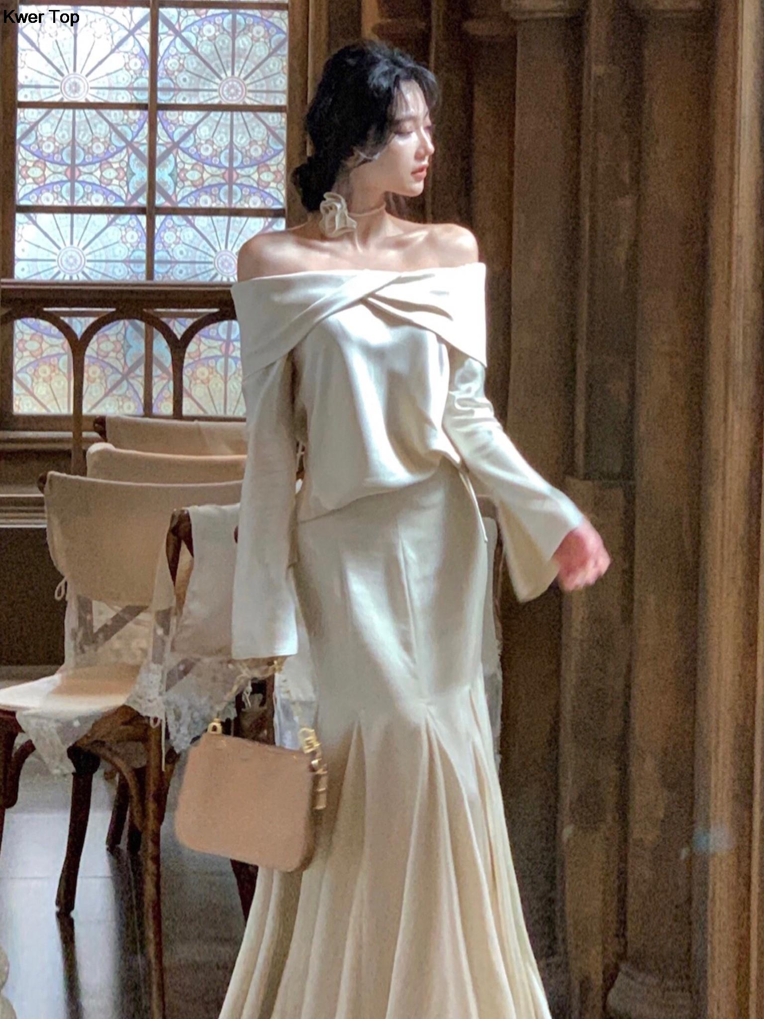 Women Elegant Dancing Parties Skirt Suit Off Shoulder Top High Waist Ruffles Skirt Outfits Autumn New Female Luxury Set 2023