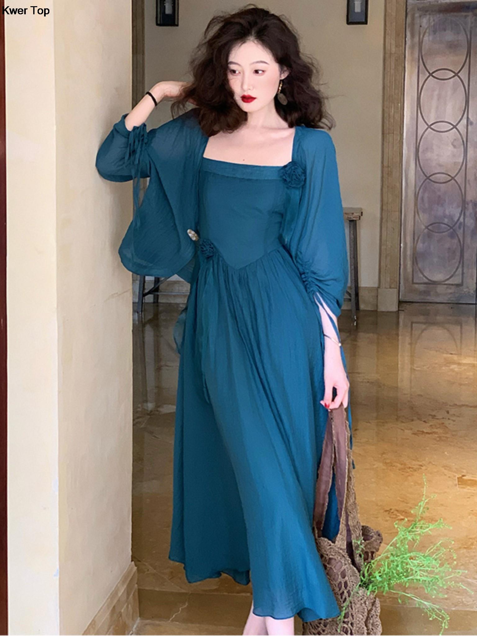 Women Vintage Dress 2 Piece Set Elegant Strap Hight Waist Vestidos With Casual Short Cardigan Outfits Autumn Holiday Clothes
