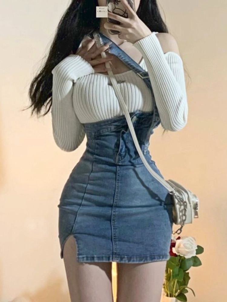 Blue Vintage Knitted Two Piece Set Women Sexy Denim Party Mini Skirt Set Female Split Casual Fashion Skirt Suit 2023 Autumn New