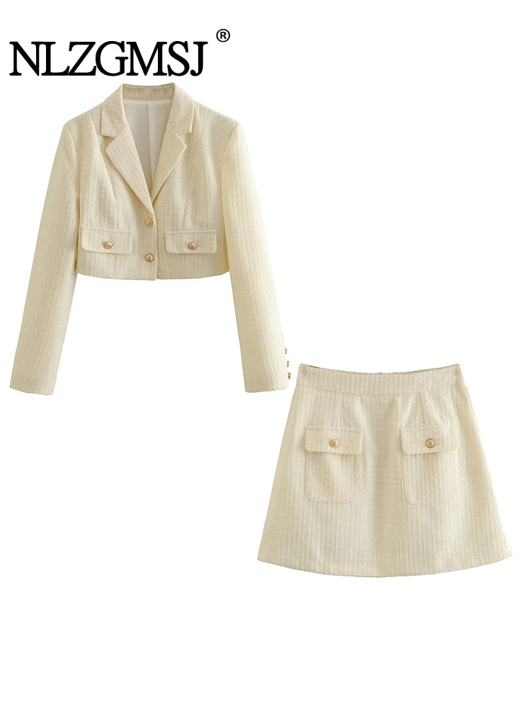 Nlzgmsj TRAF Women Sweet Single Breasted Set Ladies Long Sleeve V-Neck Slim Short Jacket A-Line Mini Skirts With Back Zipper