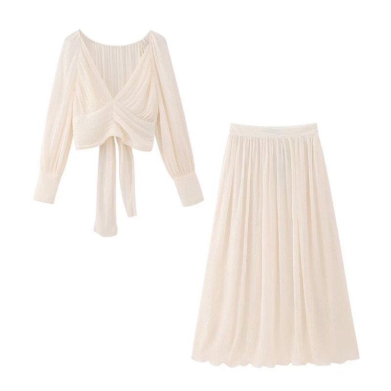 Women Pleated Midi Skirts Sets 2023 New Fashion Chiffon Long Sleeves Women Suit Bow Top Tied Long Skirts Set Womens Outfit