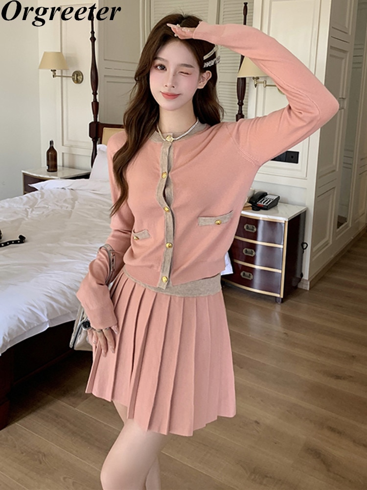Korean Fashion Knitted Sweater 2 Piece Set Women Autumn Knitted Cardigan Coat+Pleated Mini Skirt Suits Female