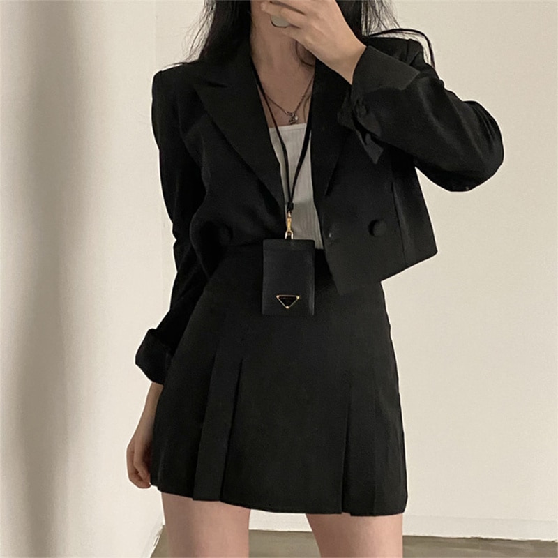 Autumn 2 Two Piece Set Women Outfits Korean Chic Long Sleeve Suit Jacket Crop Top + High Waist Pleated Mini Skirt Suits Vintage