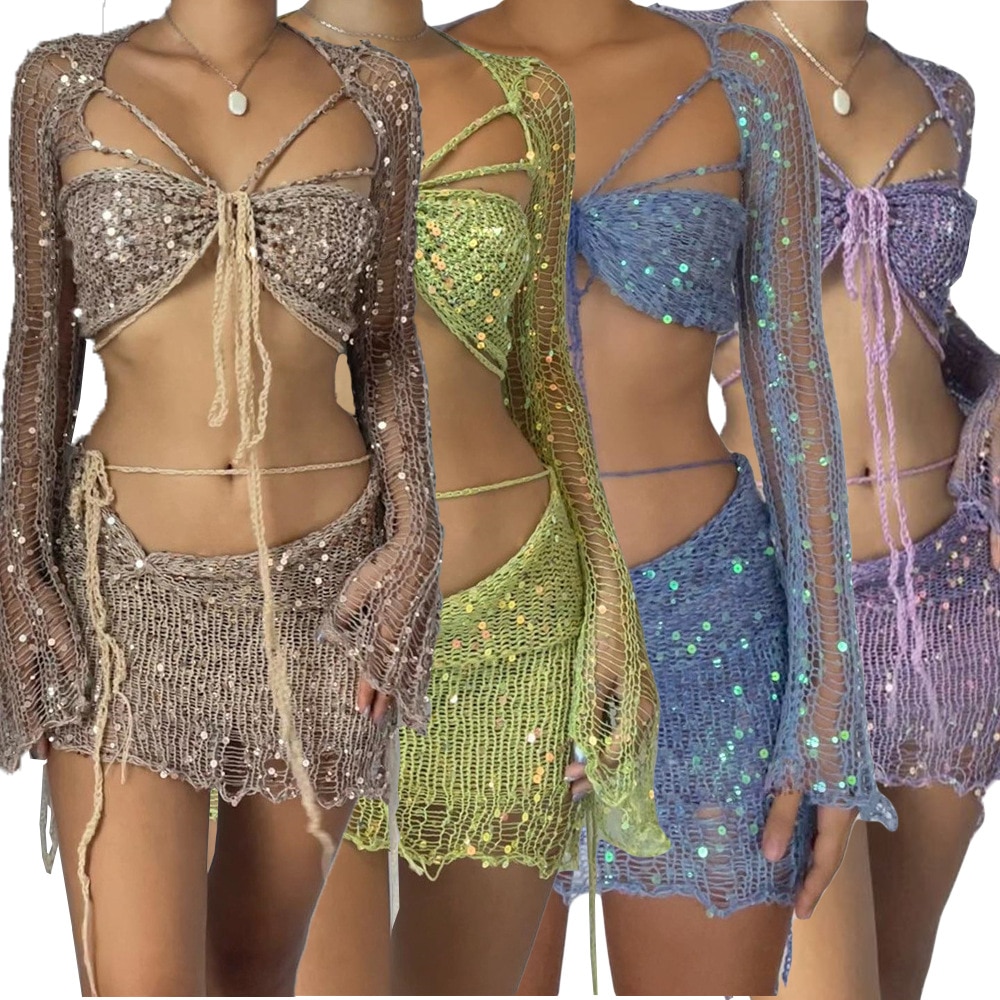 Echoine Women Knit Sequined Splicing Cover Up + Bra and Mini Skirt 3 Piece Set 2023 Sexy Beach Holiday Party Dress Suit Outfits