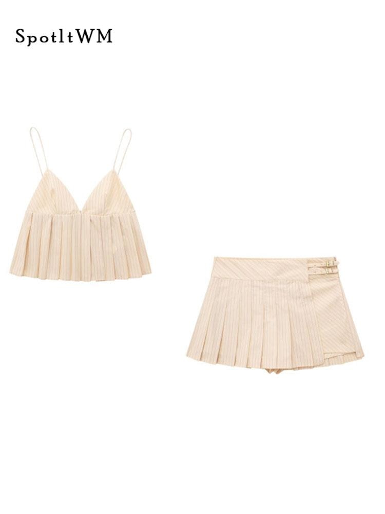 Women Sexy Striped Skirts 2 Pieces Set Fashion V-neck Sleeveless Sling Top High Waist Skirt Outfits Summer Pleated Skirt Suits