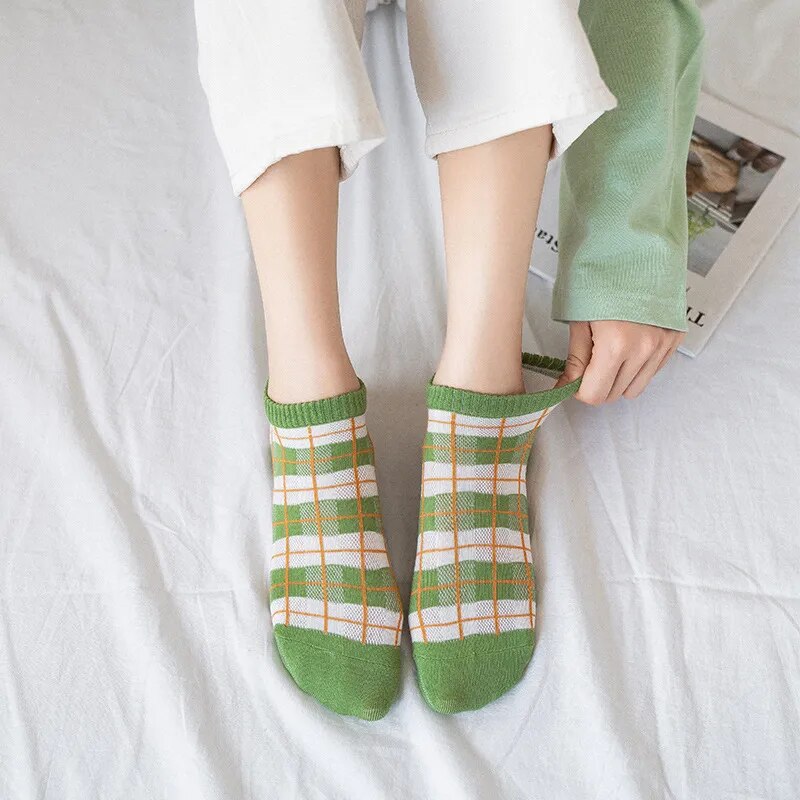 Women Sock Spring Plaid Low Cut Cotton Skin-Friendly Anti-Sweat Breathable Socking Fashion Striped Green Socks Female